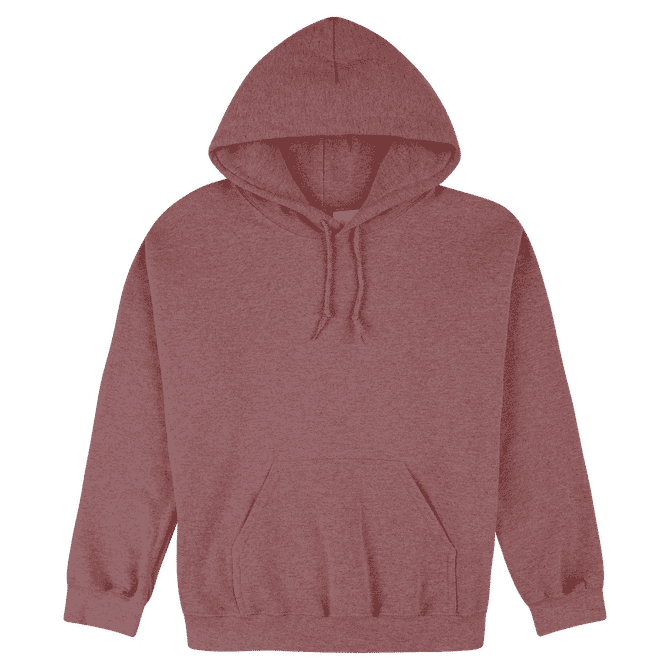 A heavy blend adult hooded sweatshirt in a maroon colour with a front pouch pocket and drawstring hood.