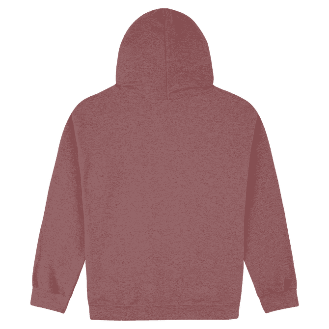 A maroon hoodie with a kangaroo pocket, featuring a hood and long sleeves. It has a logo.
