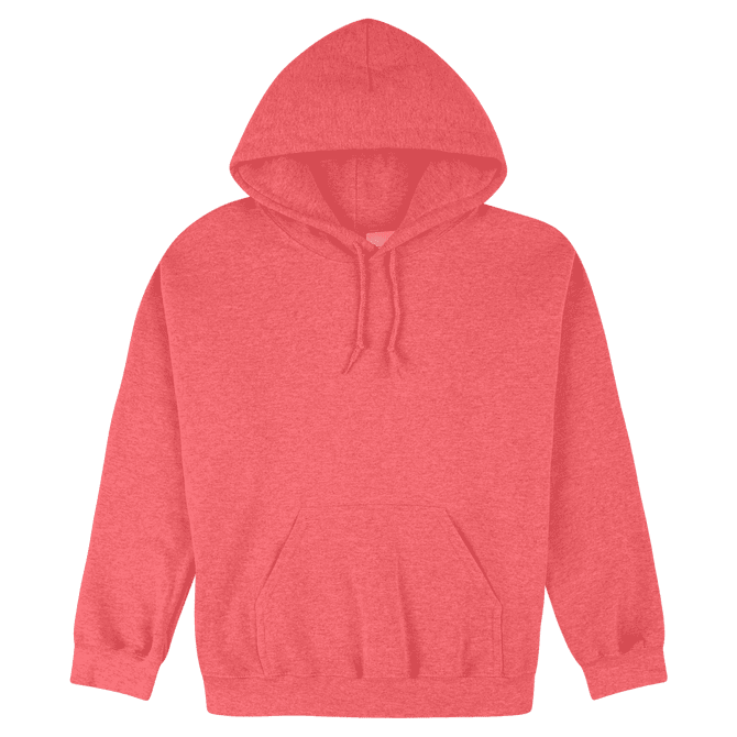 A coral hooded sweatshirt featuring a front pouch pocket and drawstrings. It has a logo on the front.