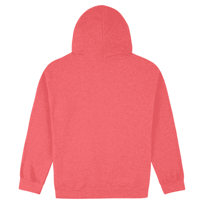 A coral pink adult hooded sweatshirt with long sleeves and a spacious hood, featuring a logo on the back.
