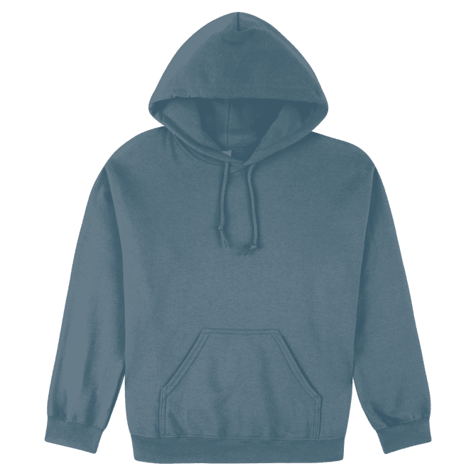 A blue hooded sweatshirt featuring a front pocket and a drawstring hood. The sweatshirt has long sleeves and a casual fit.