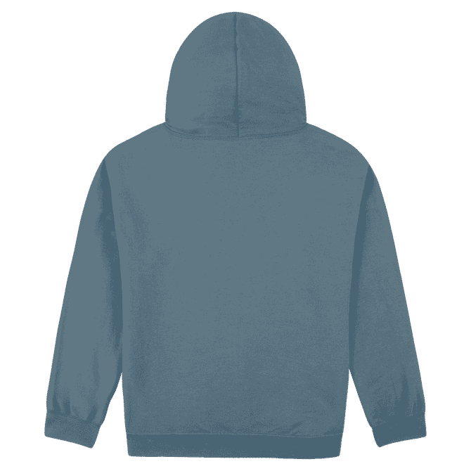 A blue heavy blend adult hooded sweatshirt featuring a plain design and a logo on the back.
