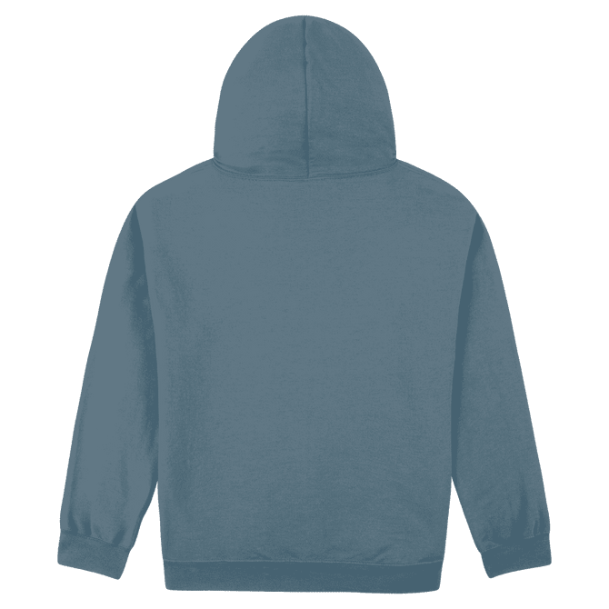 A blue heavy blend adult hooded sweatshirt featuring a plain design and a logo on the back.