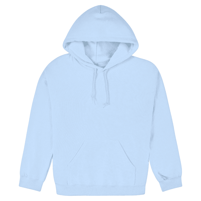A light blue heavy blend adult hooded sweatshirt with a front pocket and drawstring hood. It features a logo.