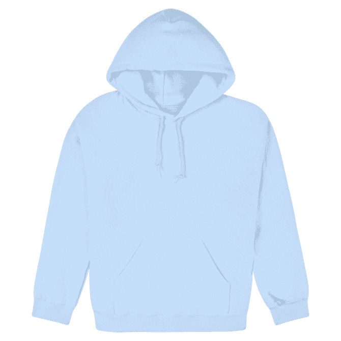 A light blue heavy blend adult hooded sweatshirt with a front pocket and drawstring hood. It features a logo.