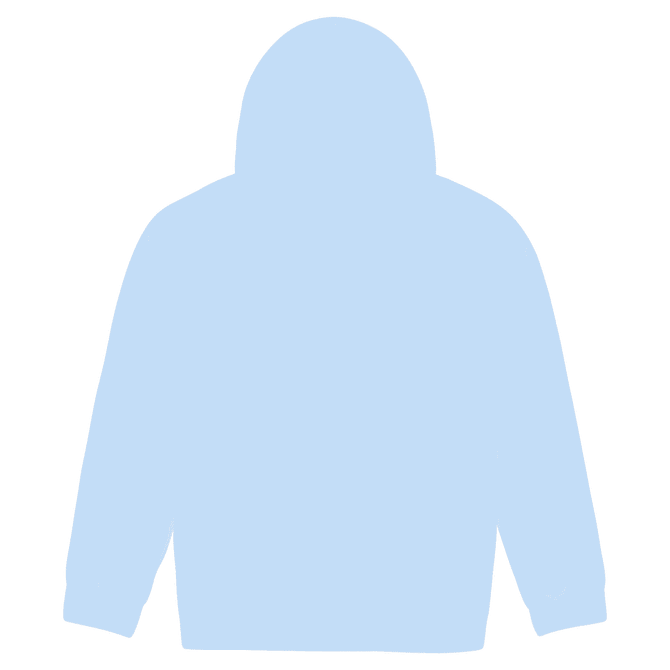 A light blue hooded sweatshirt with long sleeves and a back view. It features a branding logo.