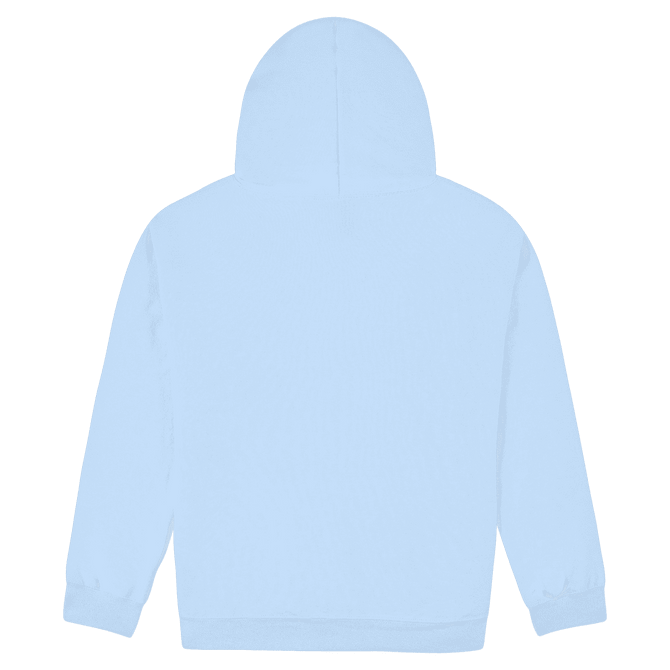 A light blue hooded sweatshirt with long sleeves and a back view. It features a branding logo.