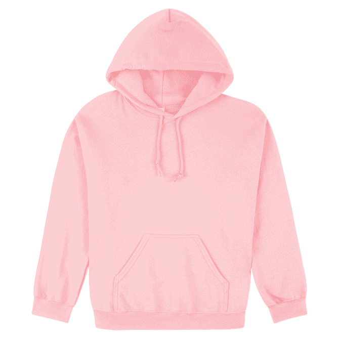 A pink heavy blend adult hooded sweatshirt with a front pocket and a drawstring hood.