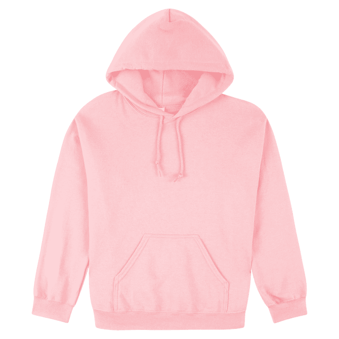 A pink heavy blend adult hooded sweatshirt with a front pocket and a drawstring hood.