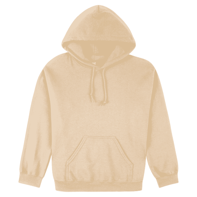 A beige heavy blend adult hooded sweatshirt with a front pocket and a drawstring hood.