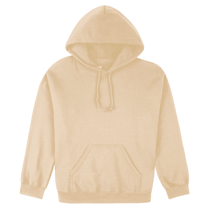 A beige heavy blend adult hooded sweatshirt with a front pocket and a drawstring hood.