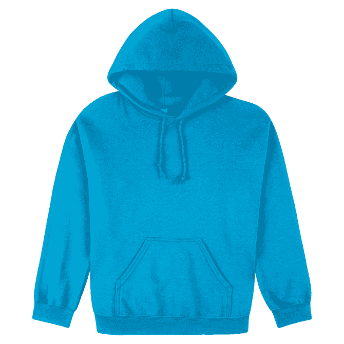 A bright turquoise hooded sweatshirt featuring a front pocket and a drawstring hood. Includes a logo.