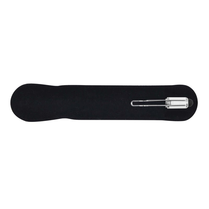 A silver stylus pen displayed on a black felt base, featuring a sleek design and a branding logo.
