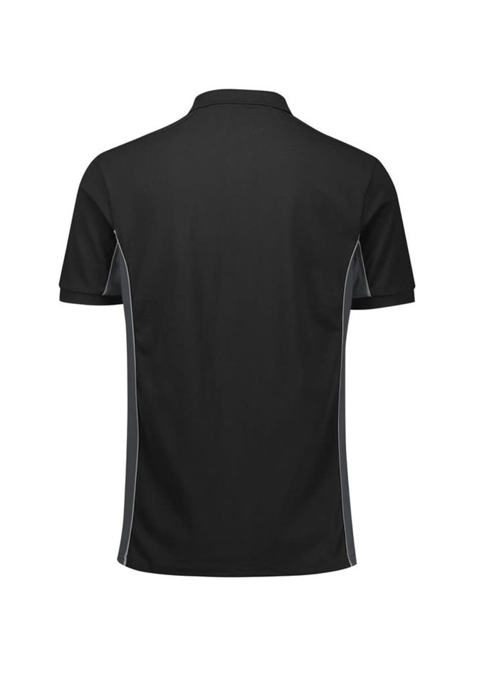 A black unisex polo shirt with grey side detailing and a logo on the chest.