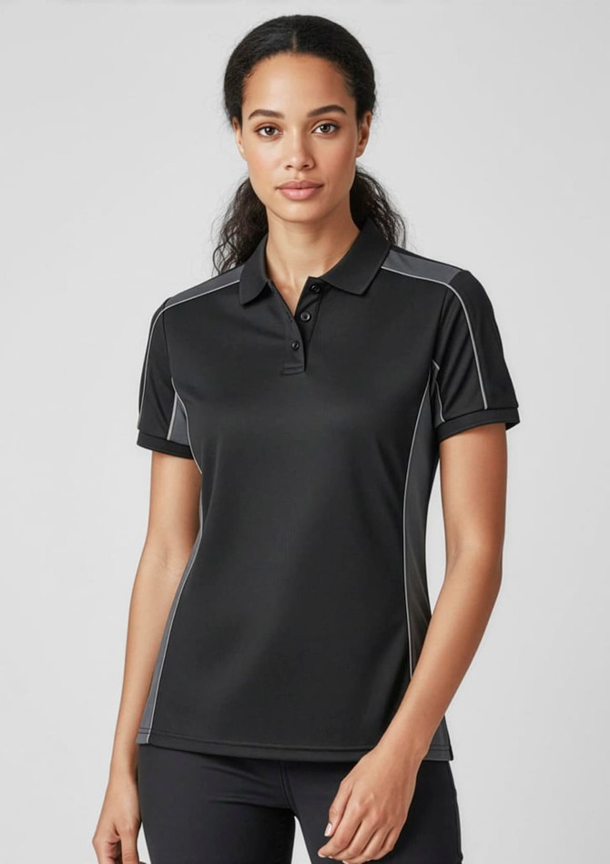 A black unisex short sleeve polo shirt with contrasting grey detailing and a logo.