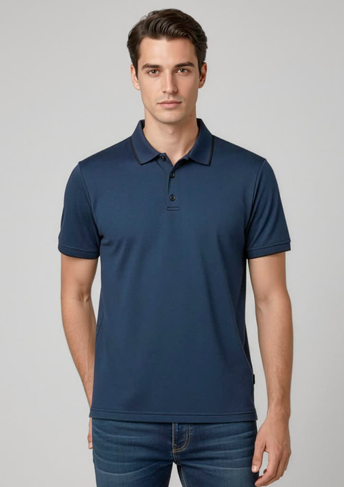 A navy blue short sleeve polo shirt for men with a collar and a logo.