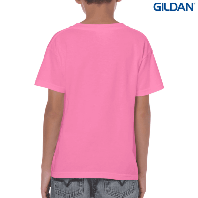 A youth-sized T-shirt in bright pink, featuring a logo on the upper right corner.