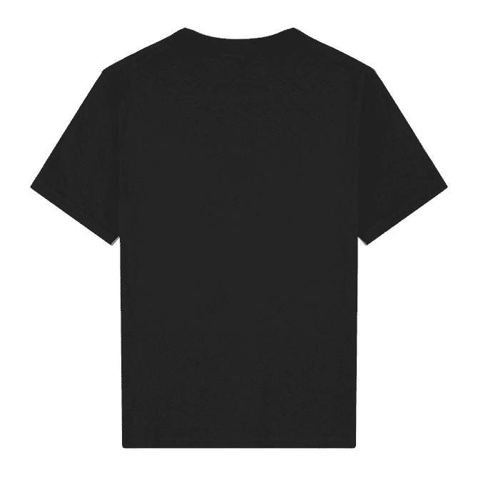 A black youth T-shirt with a standard crew neck and short sleeves. It features a logo on the back.