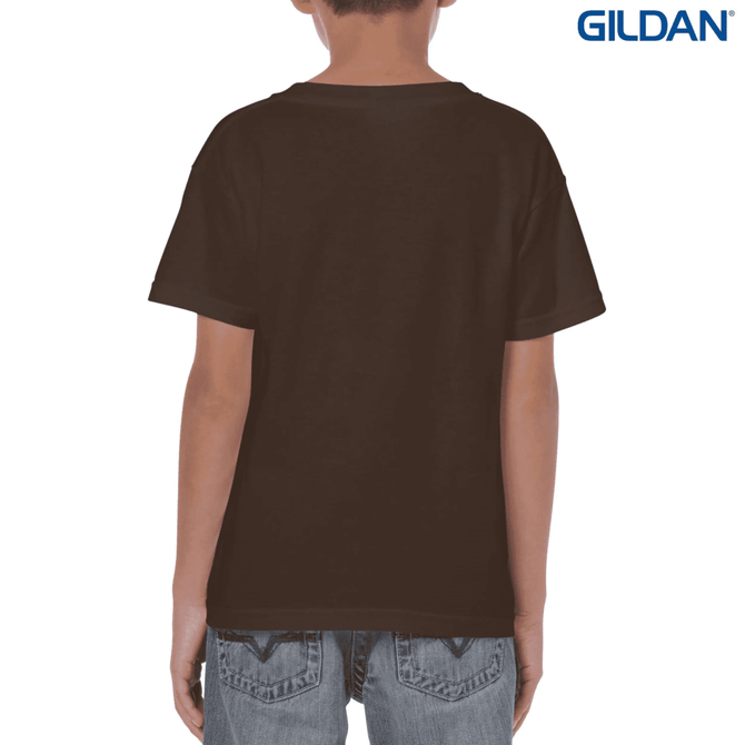 A brown heavy cotton youth t-shirt with a logo on the back, viewed from behind.