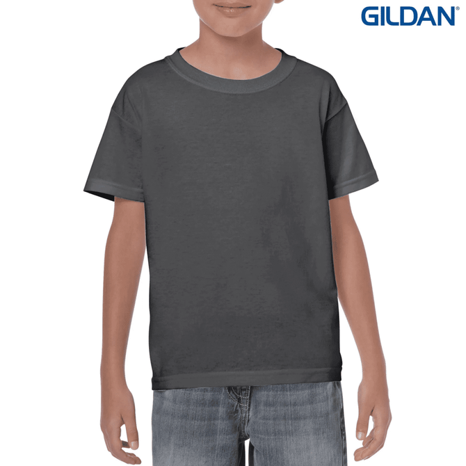 A youth T-shirt in dark grey with short sleeves, featuring a logo on the upper right corner.