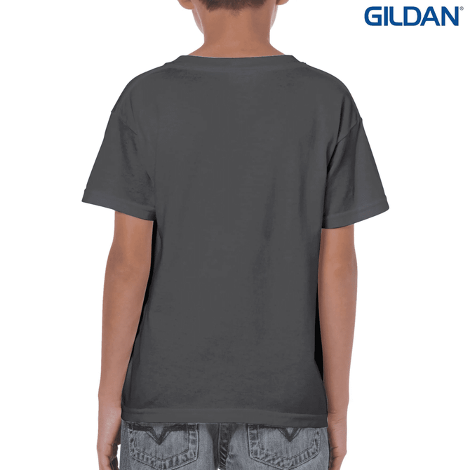 A youth t-shirt in dark grey, featuring a logo, displayed from the back.