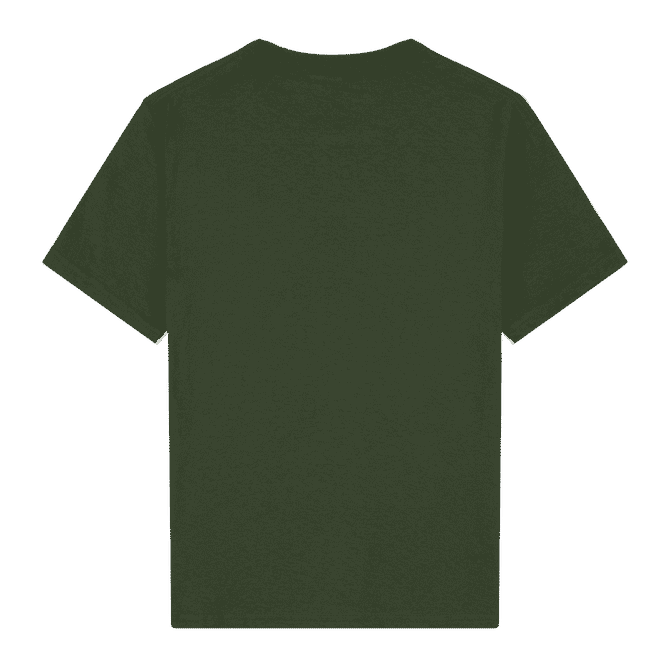 A green heavy cotton youth T-shirt, featuring a simple design with a branding logo.
