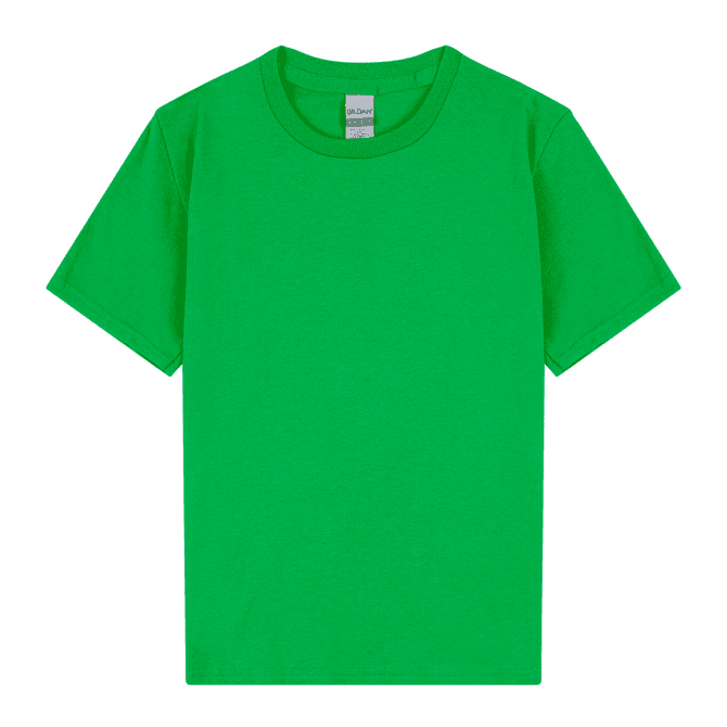A bright green youth T-shirt with a classic crew neck and short sleeves, featuring a label inside.