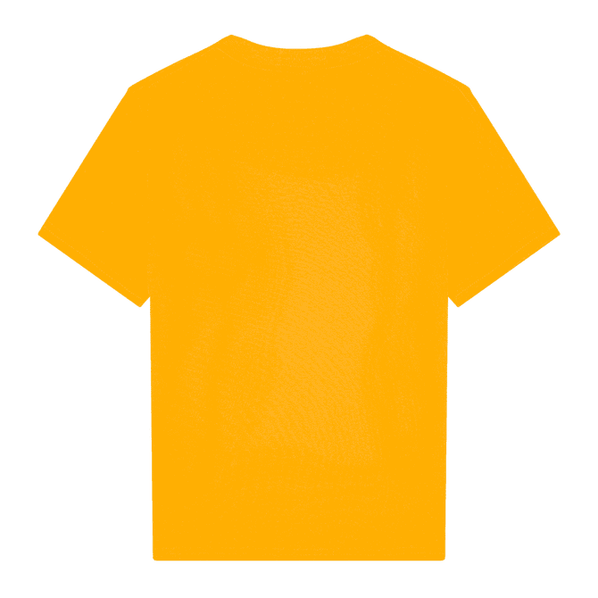 A bright yellow youth T-shirt featuring a standard crew neck and short sleeves, with a logo on the back.