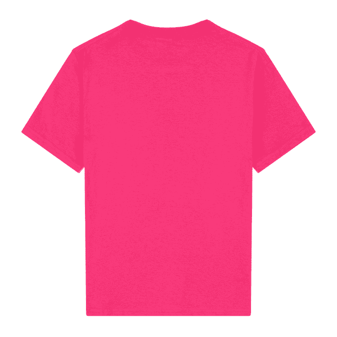 A pink Heavy Cotton Youth T-Shirt with short sleeves, featuring a branded logo.