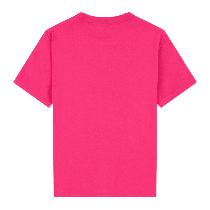 A pink Heavy Cotton Youth T-Shirt with short sleeves, featuring a branded logo.
