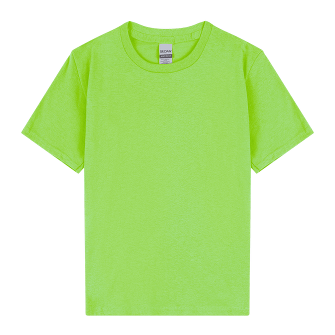A bright green youth T-shirt made of heavy cotton, featuring a tag with branding.
