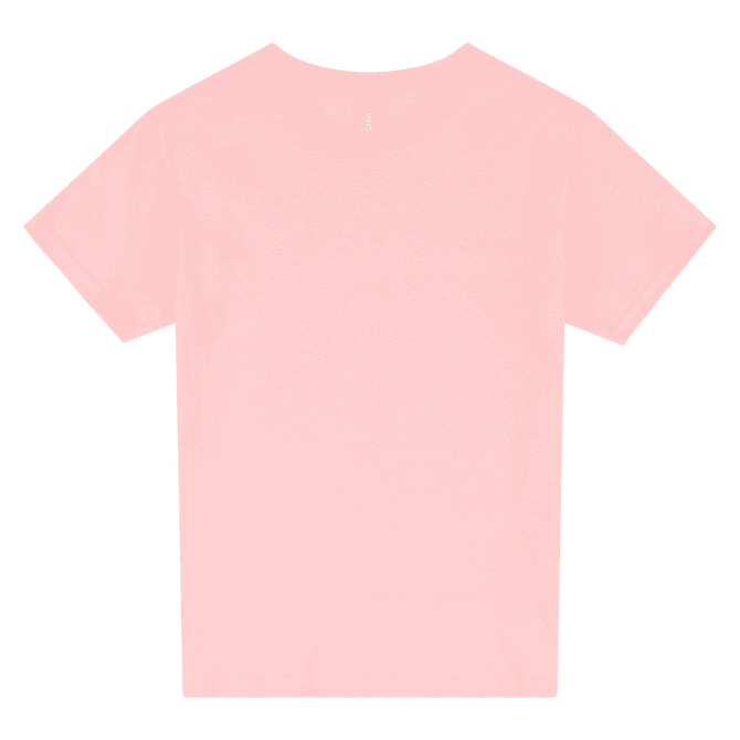 A pink heavy cotton youth t-shirt with a round neckline and short sleeves, featuring a logo on the tag.
