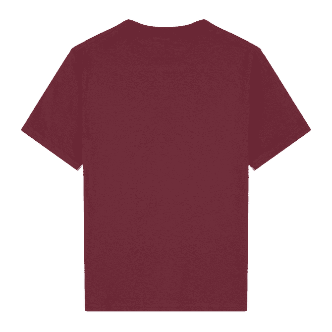 A maroon youth T-shirt with short sleeves and a plain back, featuring a logo.