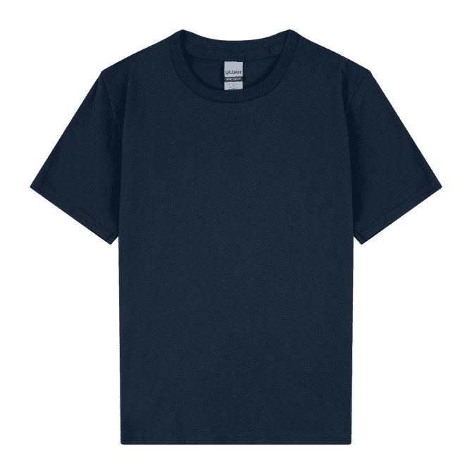 A navy blue Heavy Cotton Youth T-Shirt with short sleeves and a crew neck. It features a label at the collar.