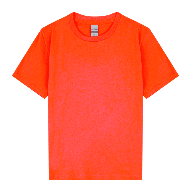 A bright orange youth T-shirt with short sleeves and a crew neckline, featuring a logo on the label.