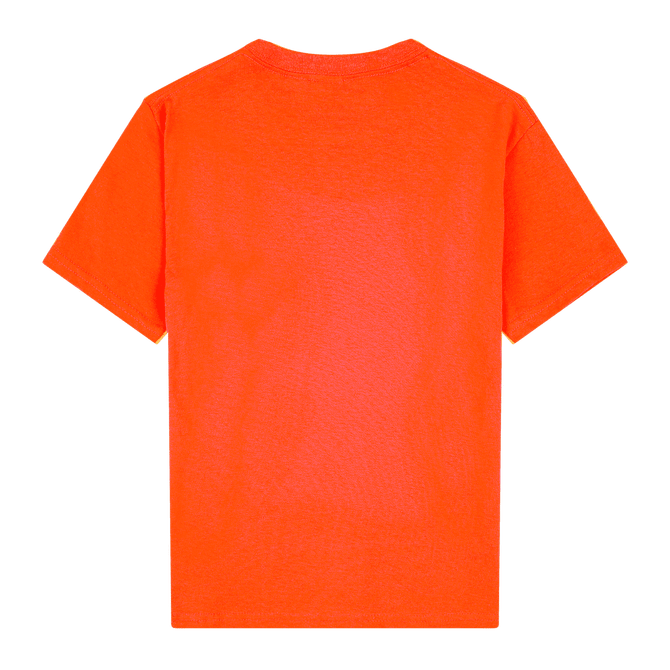 A vibrant orange youth T-shirt with a classic crew neck and short sleeves, featuring a plain back and logo.