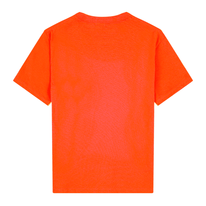 A vibrant orange youth T-shirt with a classic crew neck and short sleeves, featuring a plain back and logo.