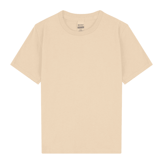 A beige youth T-shirt with a classic crew neck and short sleeves. It features a label at the neck and a plain design.