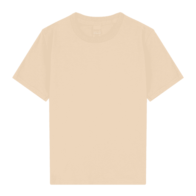 A beige youth T-shirt with a classic crew neck and short sleeves. It features a label at the neck and a plain design.