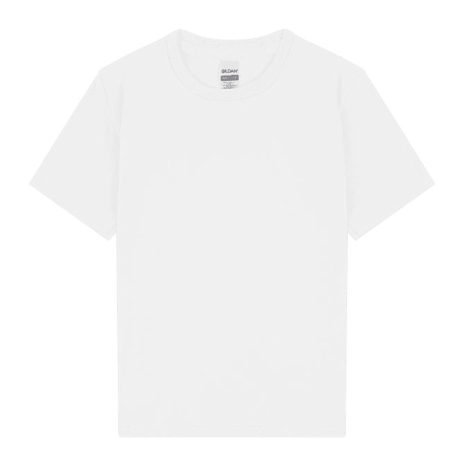 A white heavy cotton youth T-shirt with short sleeves and a tag. It features a simple design and has a branded label.