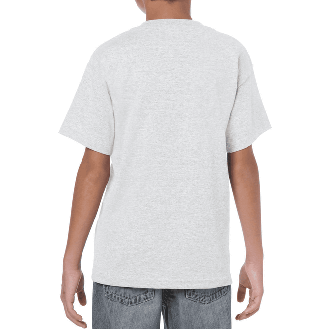 A grey heavy cotton youth T-shirt displayed from the back, featuring short sleeves and a relaxed fit.