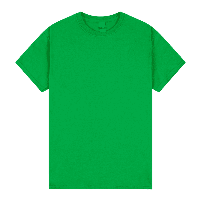 A green heavy cotton adult T-shirt with a standard crew neckline and short sleeves. It features a logo on the label.