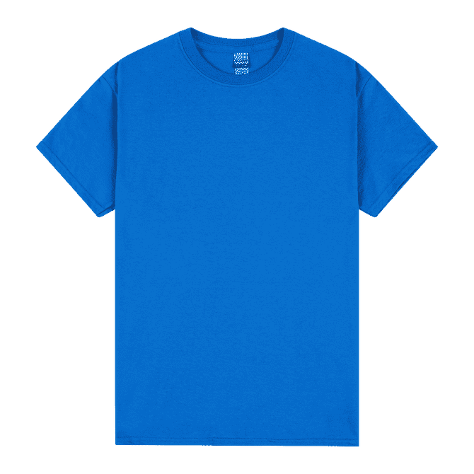 A bright blue heavy cotton adult T-shirt with short sleeves and a classic crew neck design.