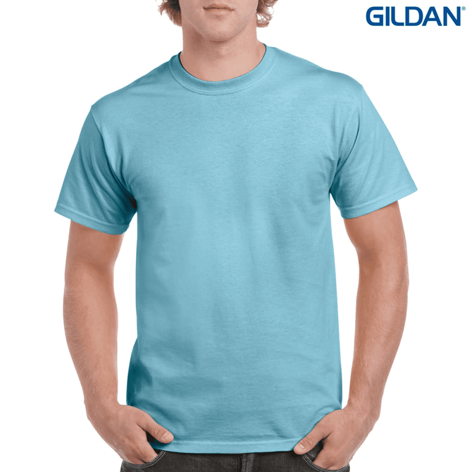 A light blue heavy cotton adult T-shirt with a round neck and short sleeves, featuring a logo on the upper corner.