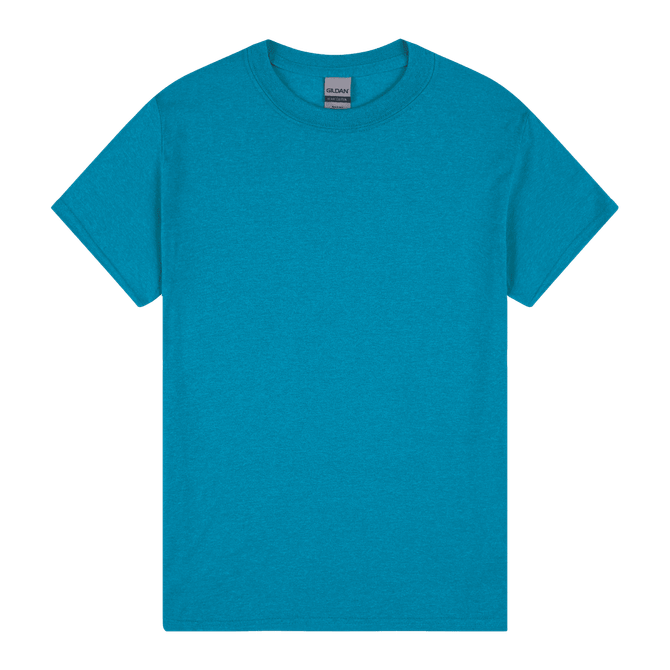 A turquoise Heavy Cotton Adult T-Shirt with a round neckline and short sleeves. It has a brand label in the neck area.