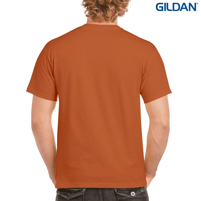 An orange adult T-shirt featuring a logo, shown from the back on a model.