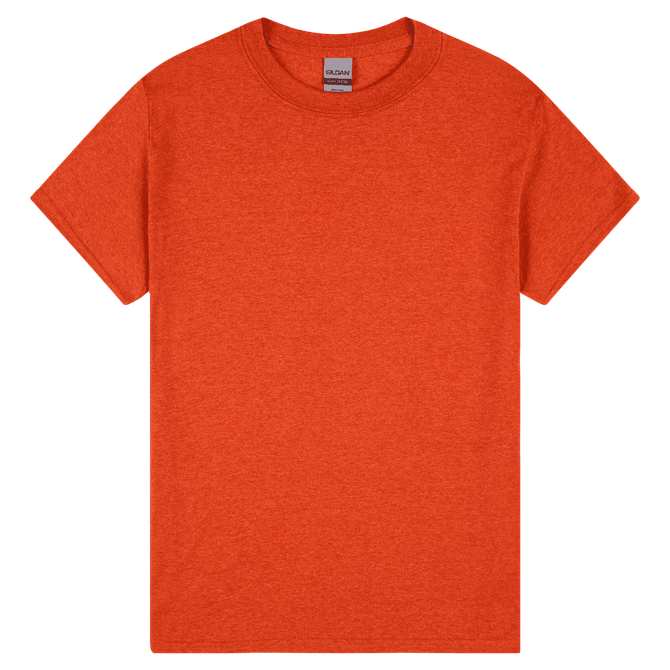 An orange heavy cotton adult t-shirt featuring a crew neckline and short sleeves, with a brand label inside.