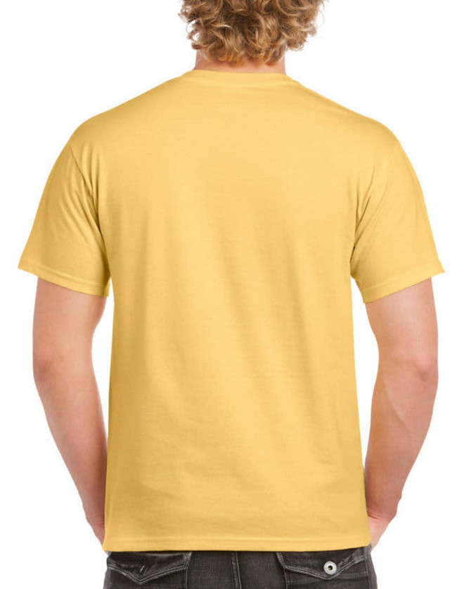A back view of a yellow heavy cotton adult T-shirt, featuring short sleeves and a plain design.