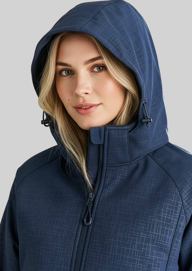 A soft shell jacket in navy blue featuring a hood and a textured design. It includes a logo on the jacket.