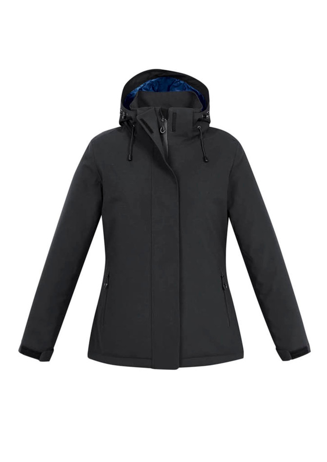 A grey women's rain jacket featuring a hood, zippered pockets, and a contrasting inner lining.